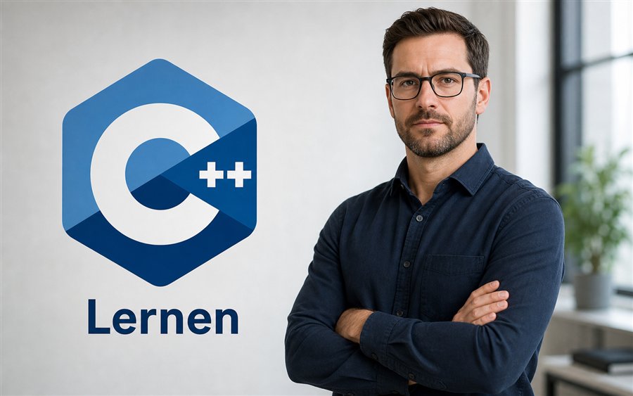 C++ Logo mit Lernen und Trainer mit verschränkten Armen
