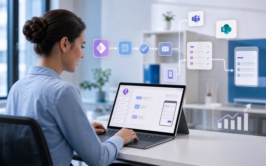 Person an leerem Schreibtisch automatisiert digitale Geschäftsprozesse mit Power Apps und Power Automate