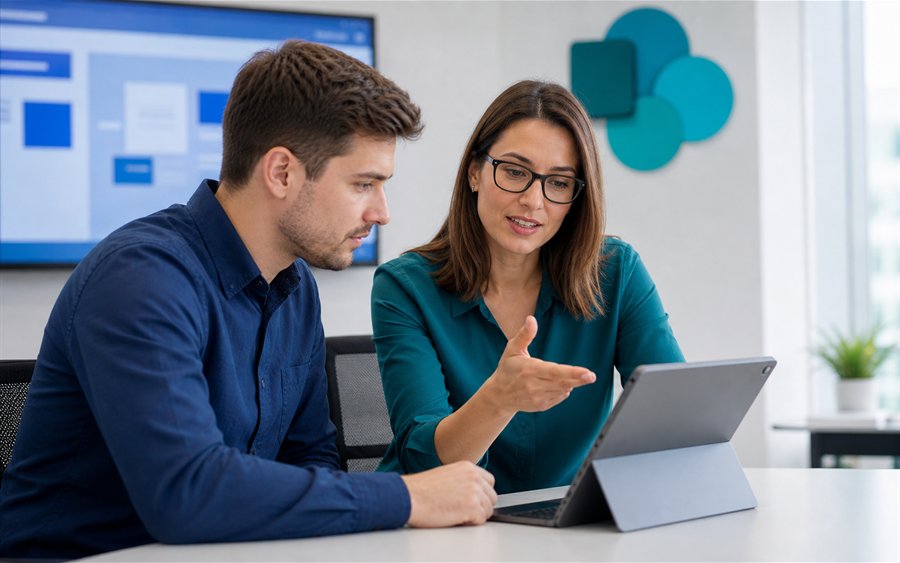 Ein Trainer erklärt einem Teilnehmer SharePoint Anwendungsentwicklung an einem Tablet